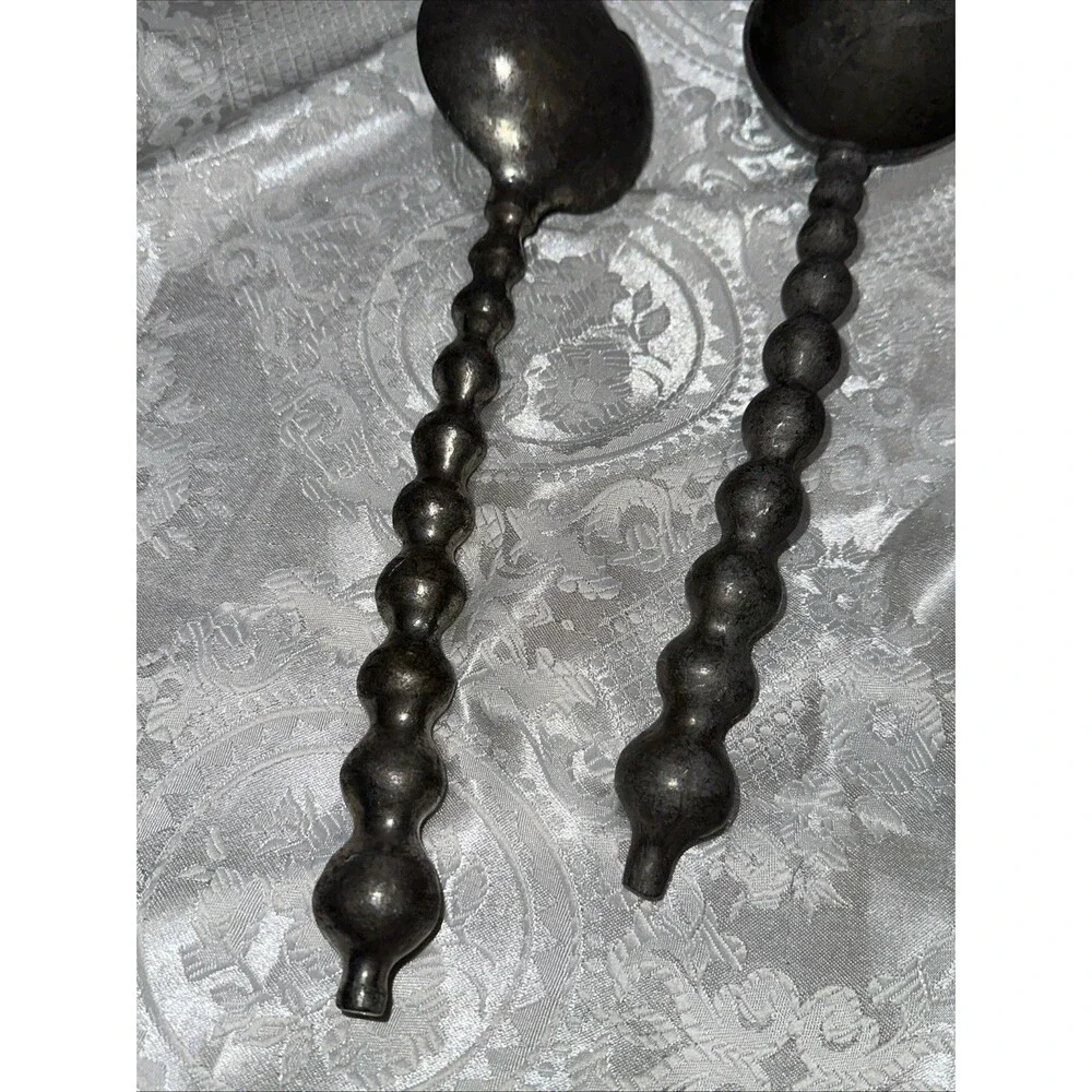 Pewter Metal Silver Tone Salad Servers Silverware Bubble Bead Curved Handles